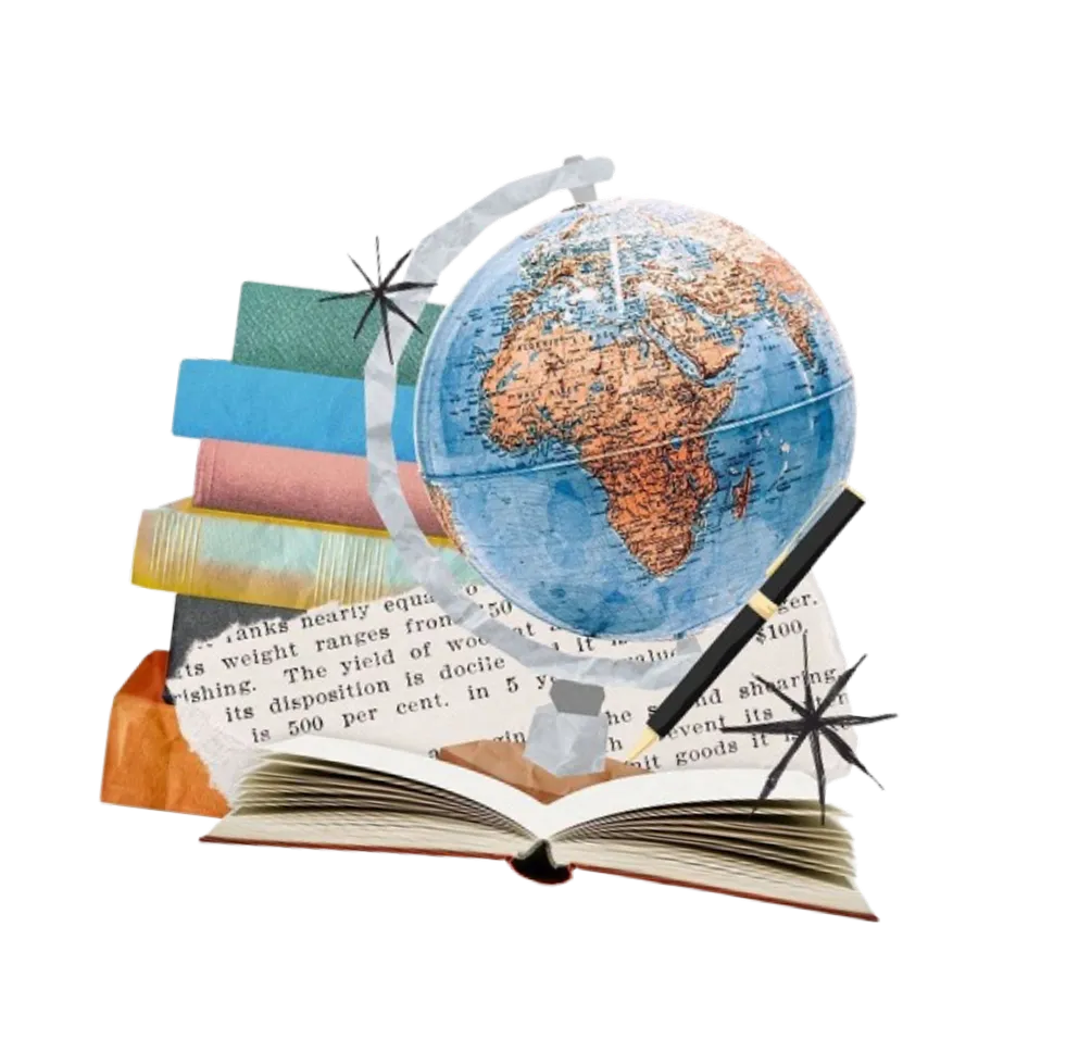 Colagem com globo representando ensino acadêmico